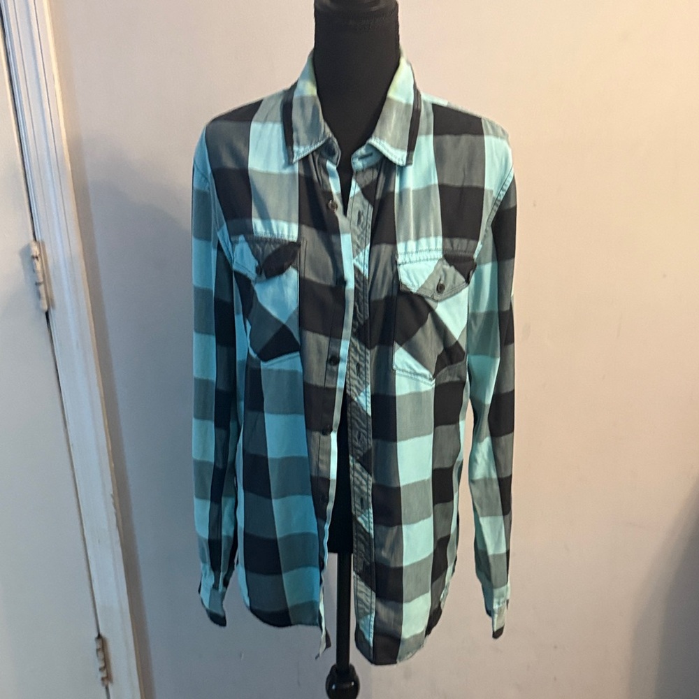 Warp + Weft Blue and Black Plaid Casual Button Down Shirt